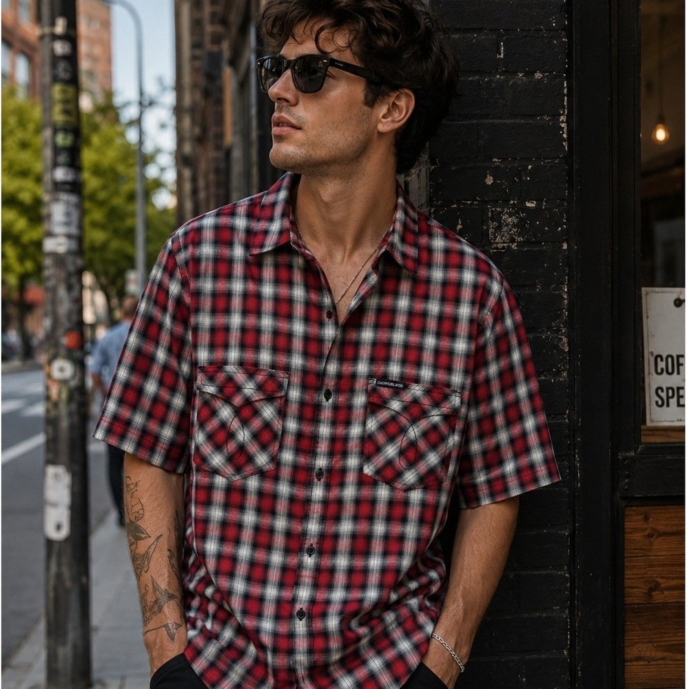 Calvin Klein Jeans Men's XL Plaid Short Sleeve Button Up Shirt Red Black Pocket
